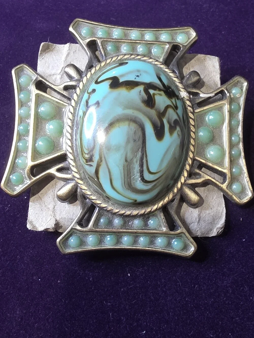 Vintage Brass Tone Dress Clip Turquoise Cabochon